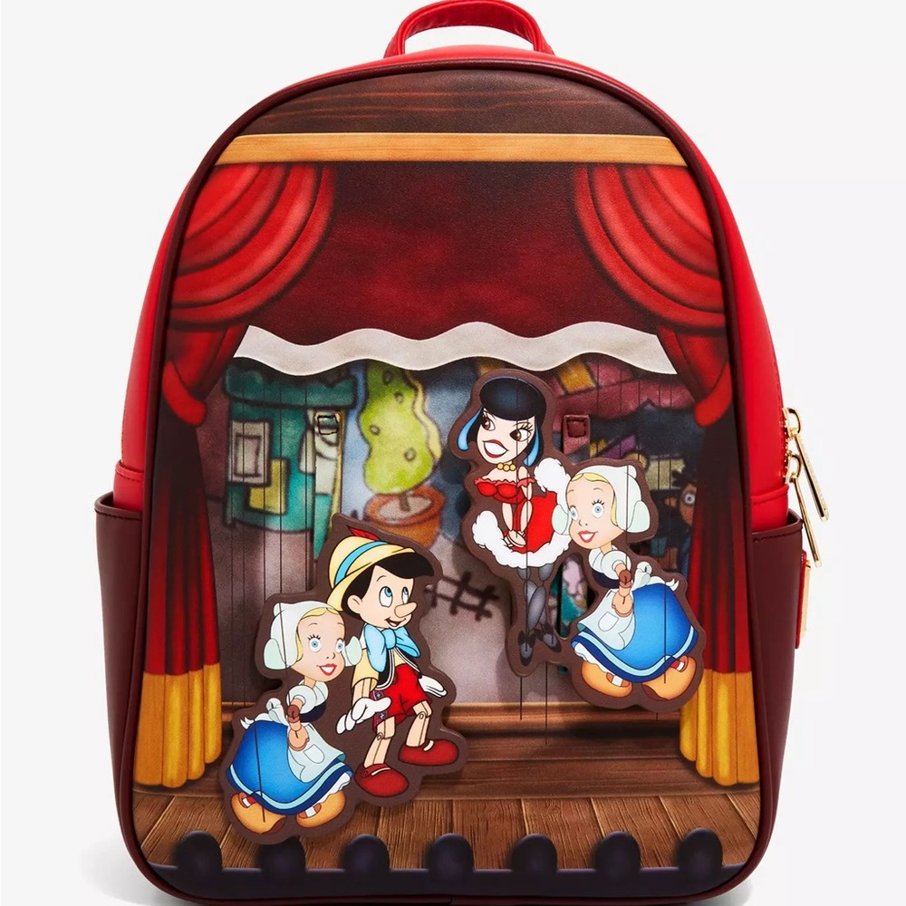 Loungefly Red and Brown Backpack with Puppet Show Design